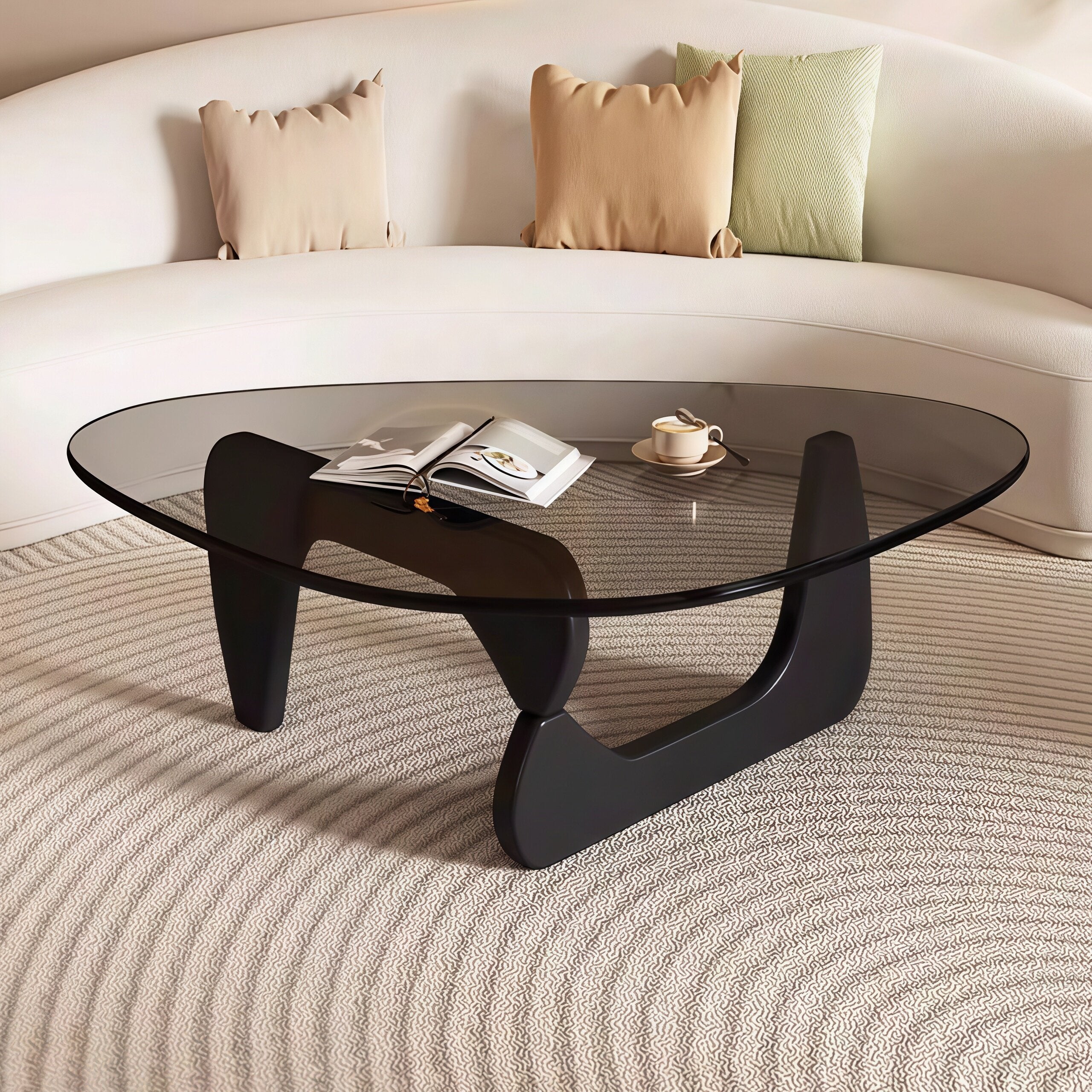 Modern Sculptural Triangular Glass Coffee Table with Curved Base