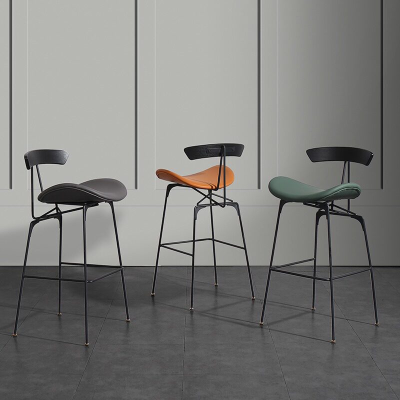 Modern Upholstered Bar Stool with Curved Seat, Backrest and Metal Footrest