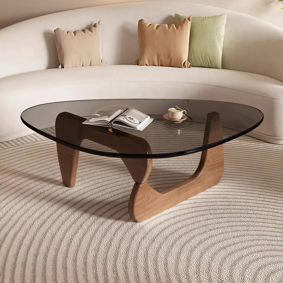 Modern Sculptural Triangular Glass Coffee Table with Curved Base