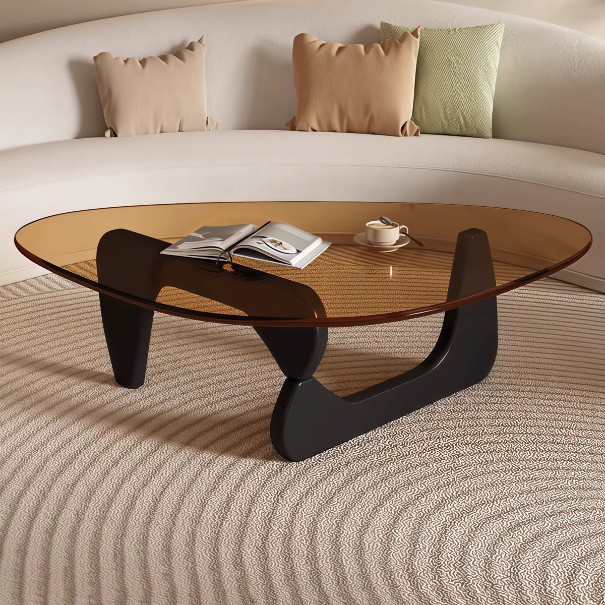 Modern Sculptural Triangular Glass Coffee Table with Curved Base