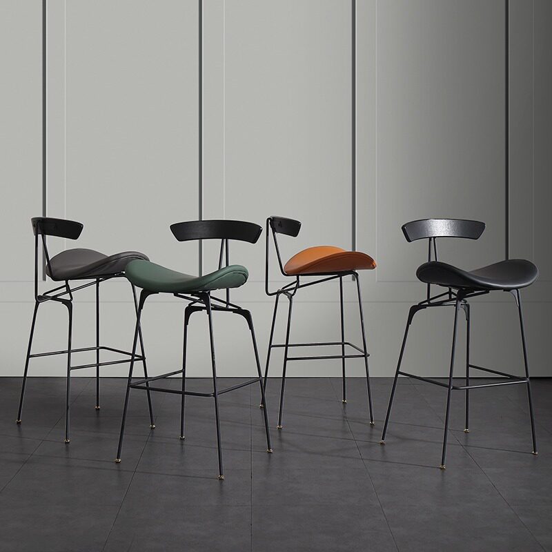 Modern Upholstered Bar Stool with Curved Seat, Backrest and Metal Footrest