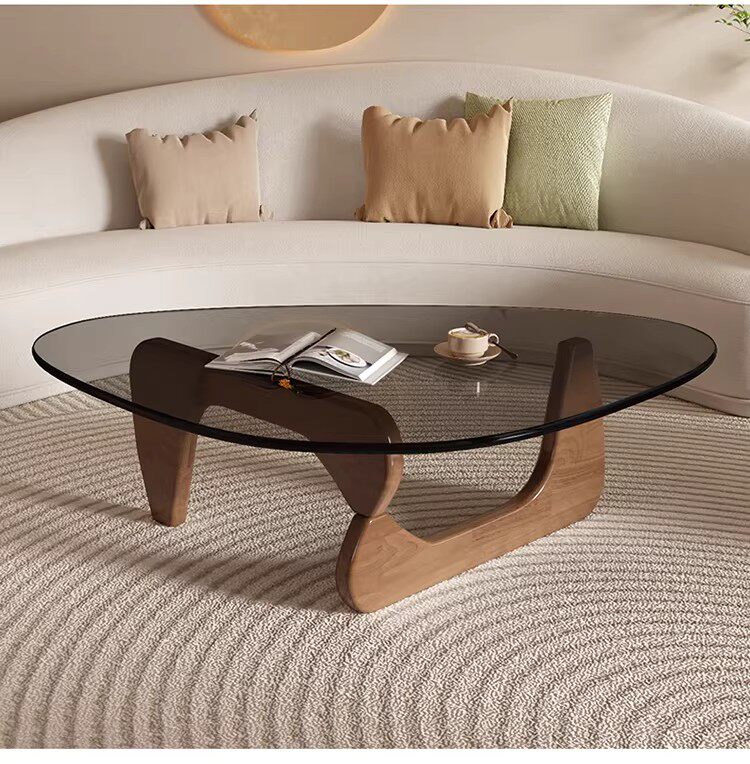 Modern Sculptural Triangular Glass Coffee Table with Curved Base