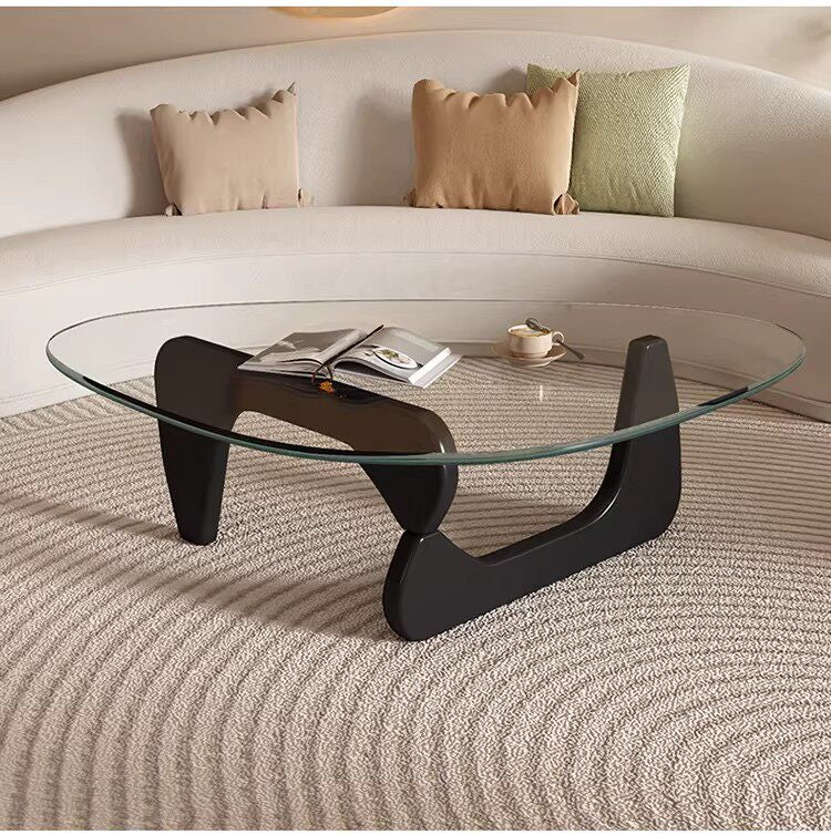 Modern Sculptural Triangular Glass Coffee Table with Curved Base