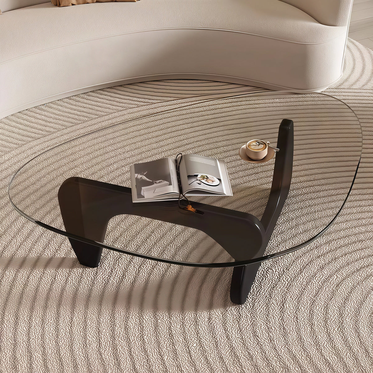 Modern Sculptural Triangular Glass Coffee Table with Curved Base
