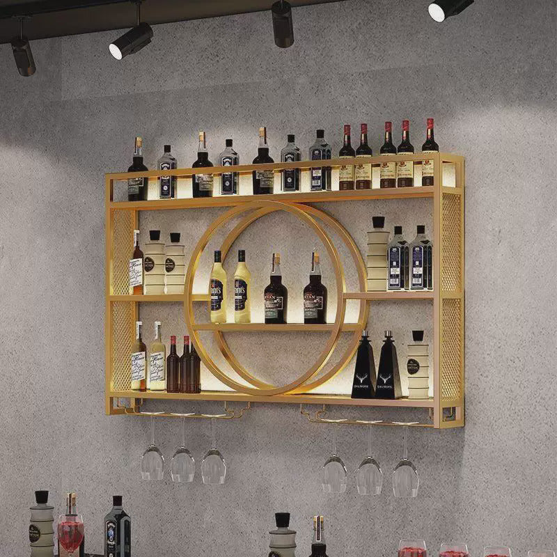 Wall-Mounted Metal Wine Rack with Glass Holders and Storage Shelves