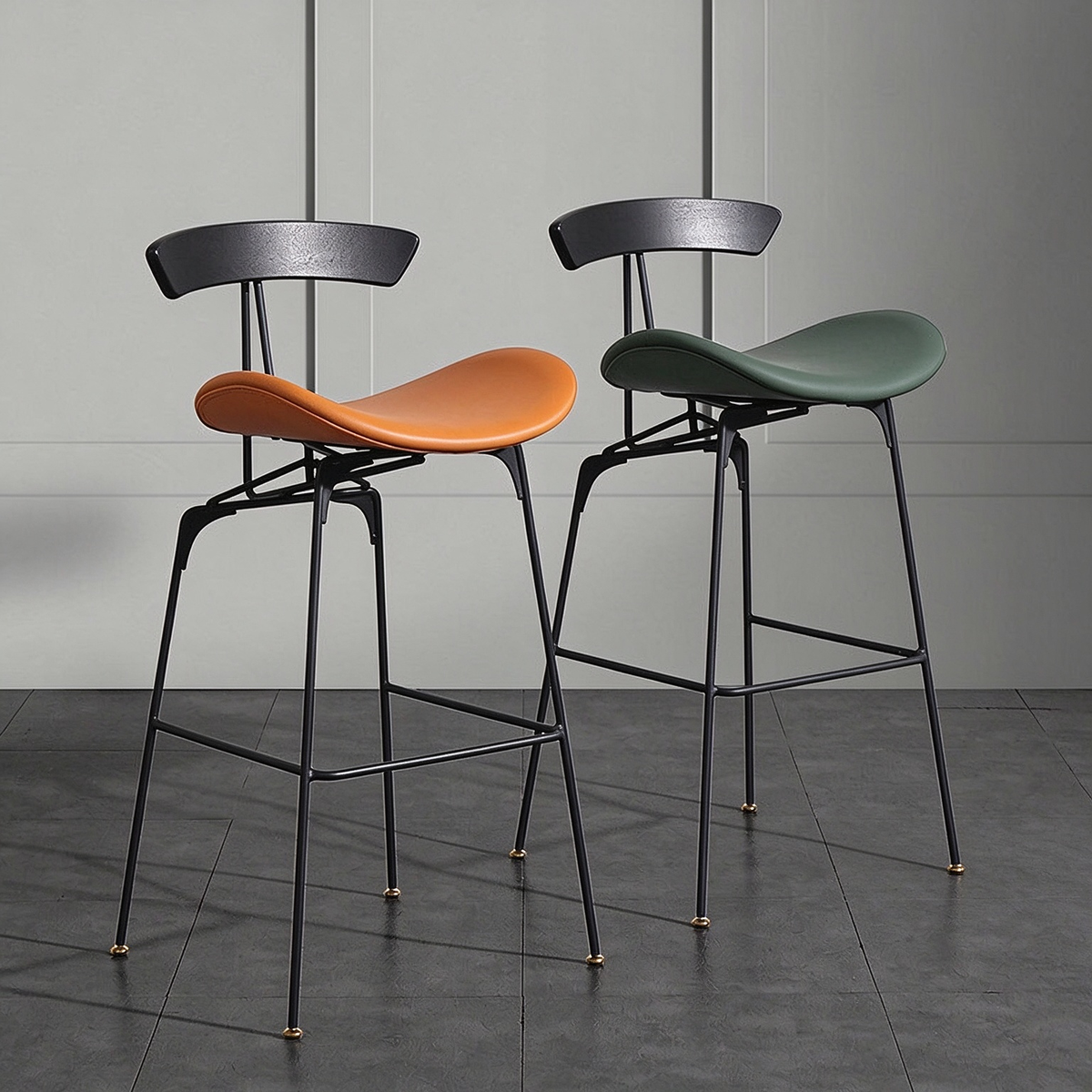 Modern Upholstered Bar Stool with Curved Seat, Backrest and Metal Footrest