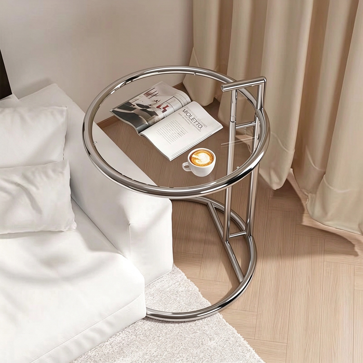 Modern C-Shaped Glass Side Table with Chrome Metal Frame