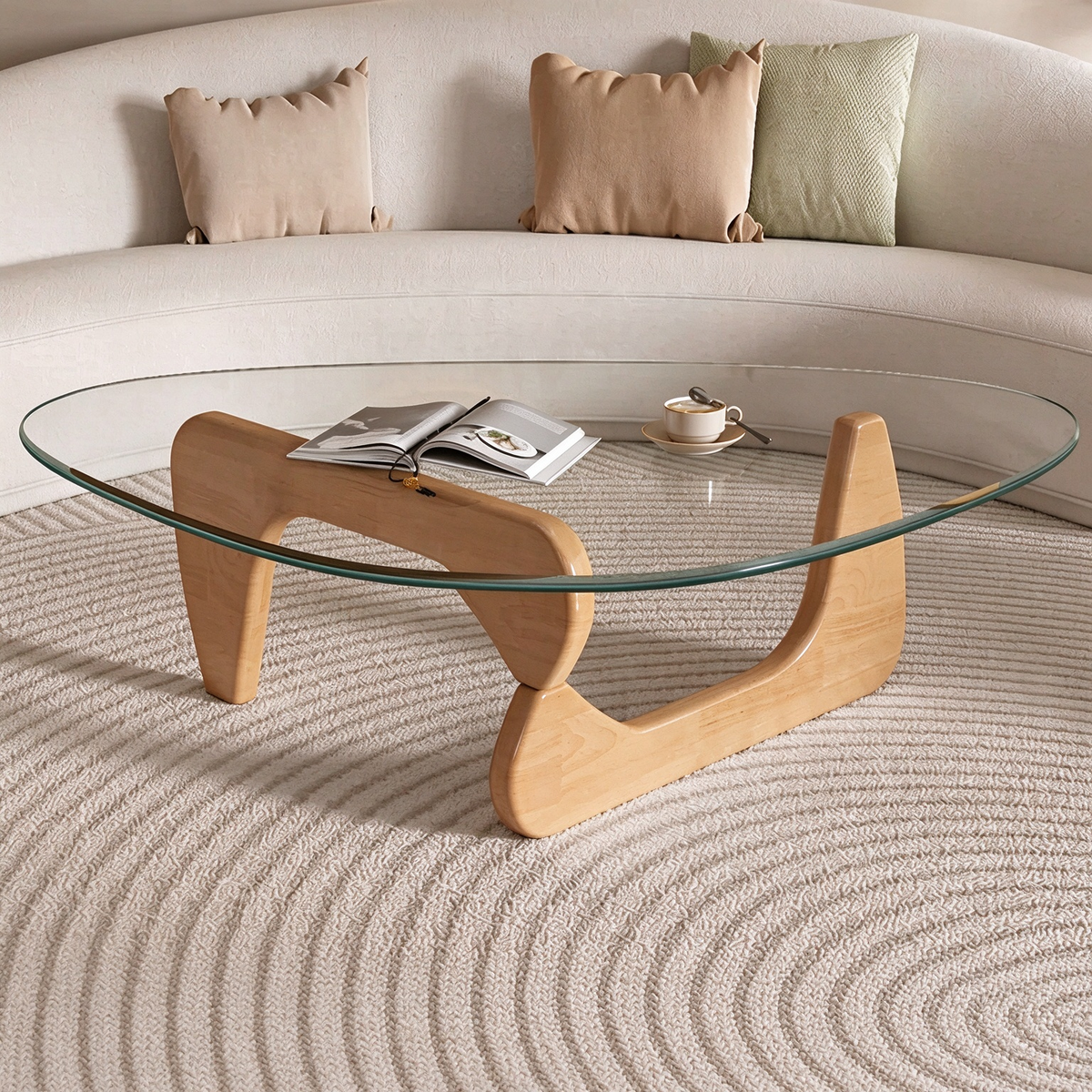 Modern Sculptural Triangular Glass Coffee Table with Curved Base