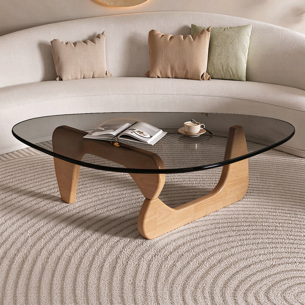 Modern Sculptural Triangular Glass Coffee Table with Curved Base