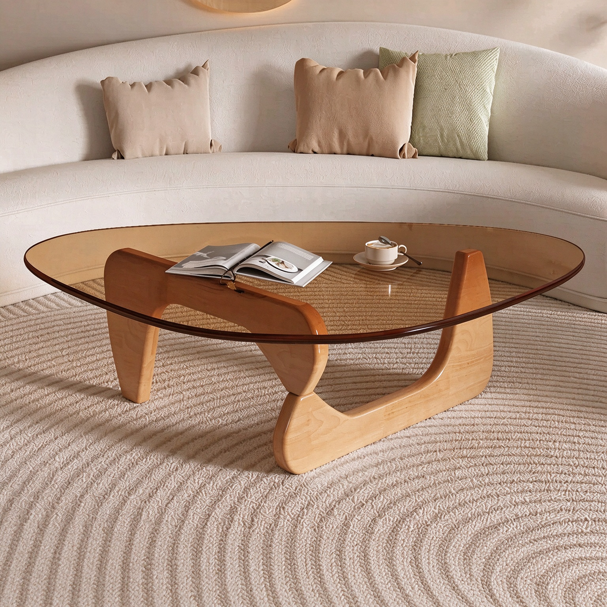 Modern Sculptural Triangular Glass Coffee Table with Curved Base