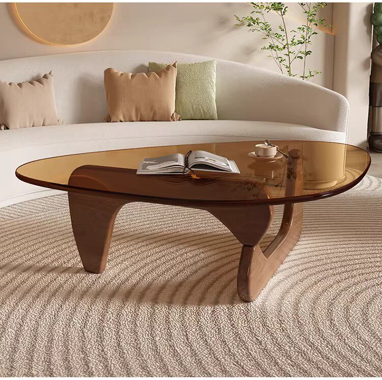 Modern Sculptural Triangular Glass Coffee Table with Curved Base