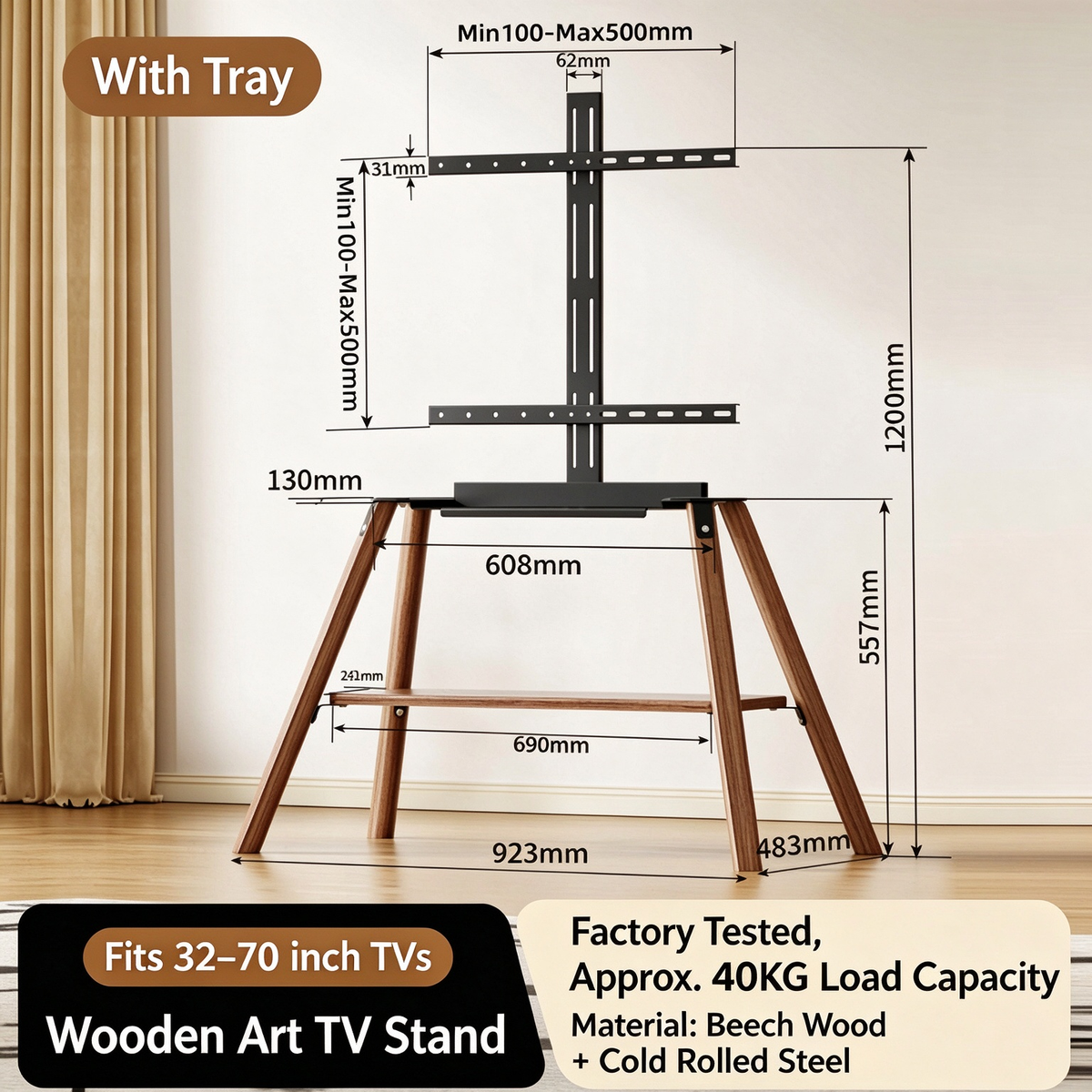 Mobile TV Floor Stand with Wheels, Height Adjustable Rotating TV Stand with Media Shelf