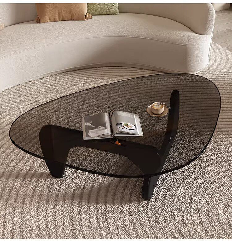 Modern Sculptural Triangular Glass Coffee Table with Curved Base