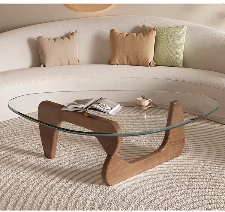 Modern Sculptural Triangular Glass Coffee Table with Curved Base