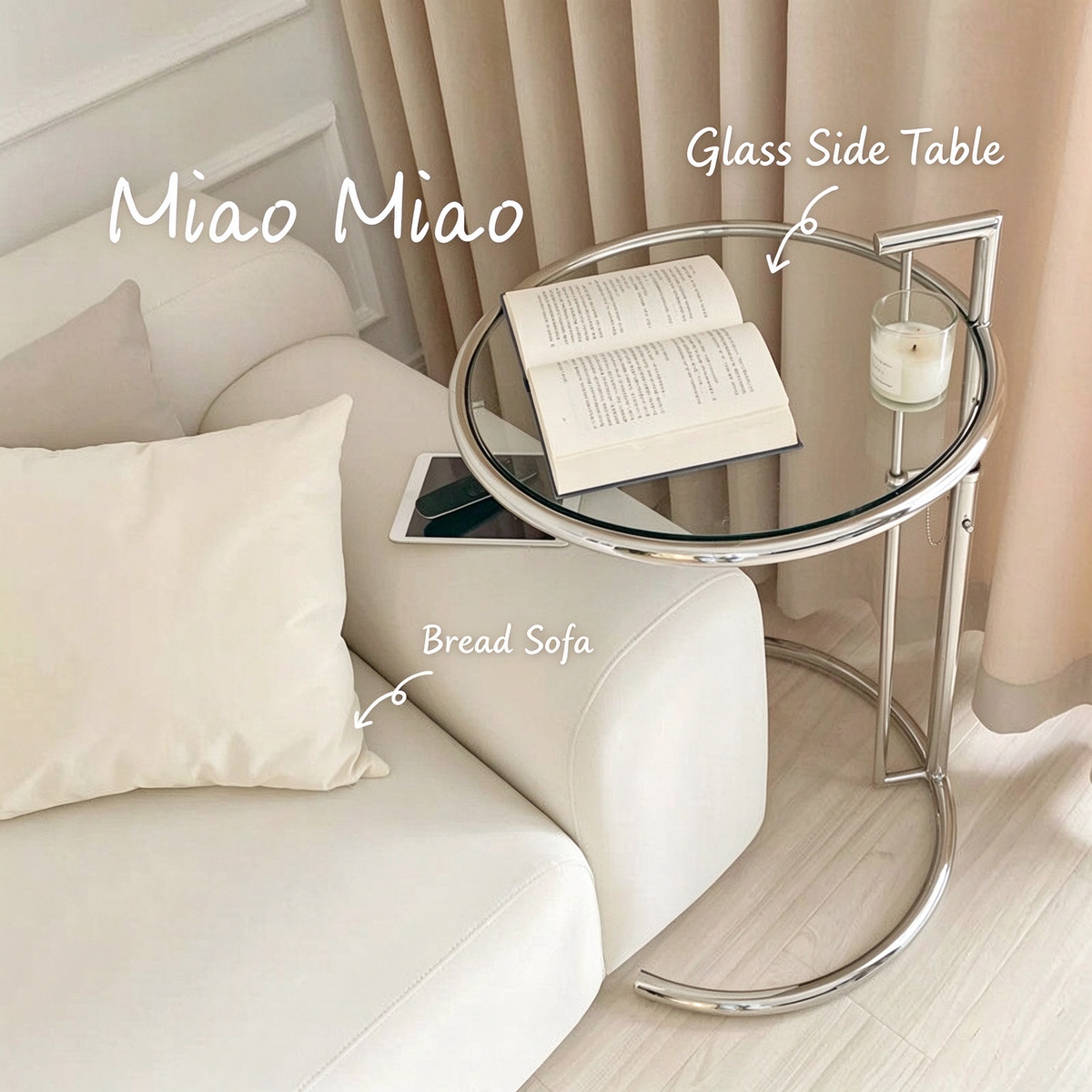 Modern C-Shaped Glass Side Table with Chrome Metal Frame