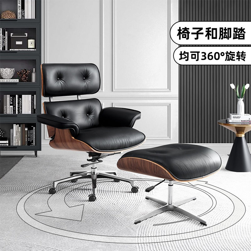 Modern Walnut Swivel Lounge Chair with Ottoman – Black Upholstered Recliner