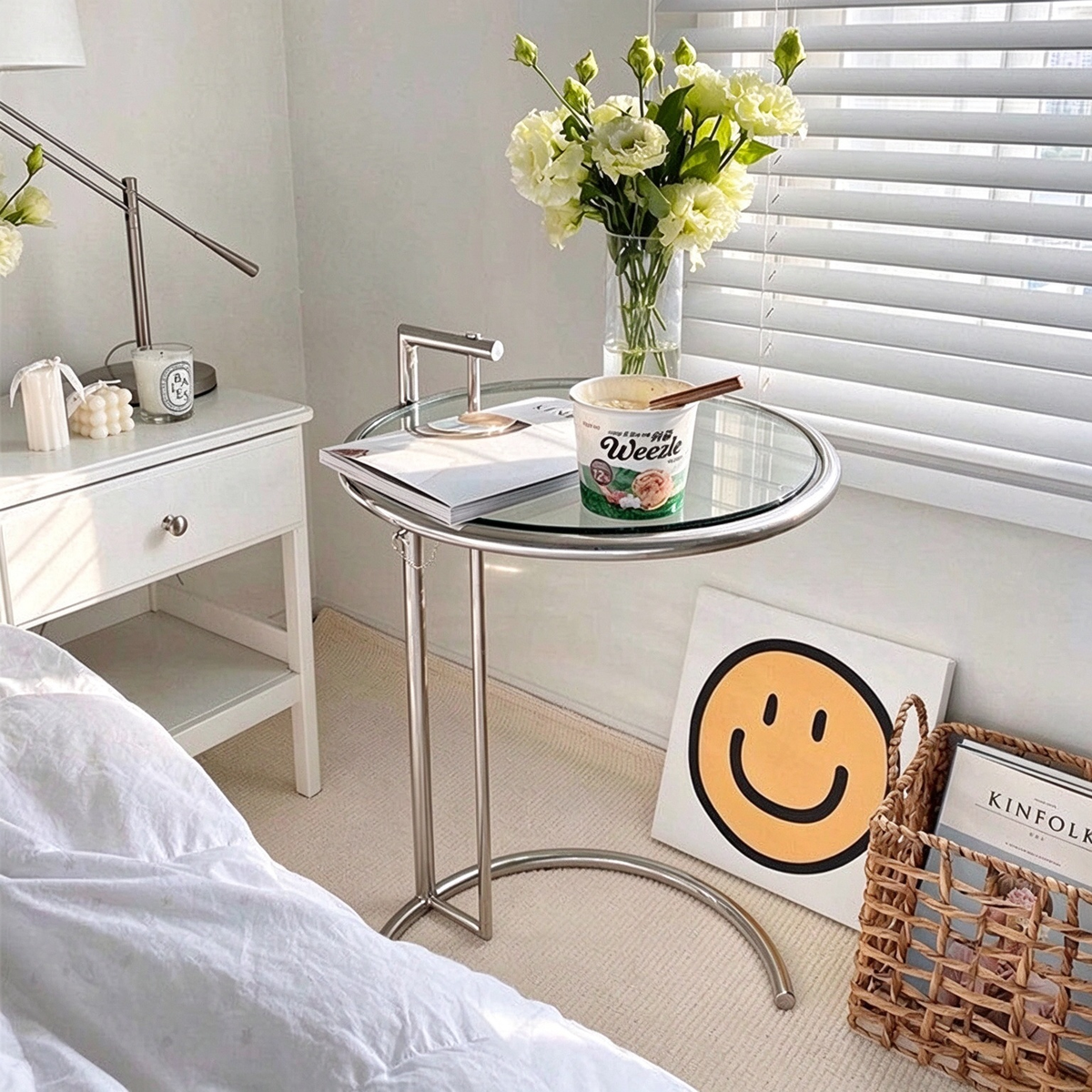 Modern C-Shaped Glass Side Table with Chrome Metal Frame