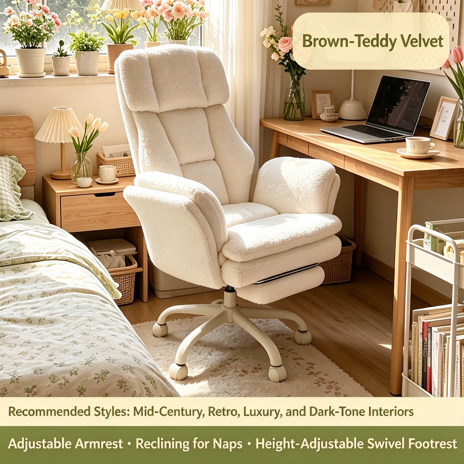 Reclining Office Chair with Footrest, 360° Swivel & Adjustable Height