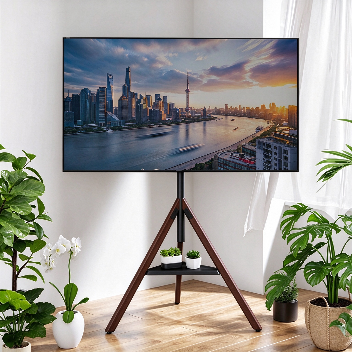 Mobile TV Floor Stand with Wheels, Height Adjustable Rotating TV Stand with Media Shelf