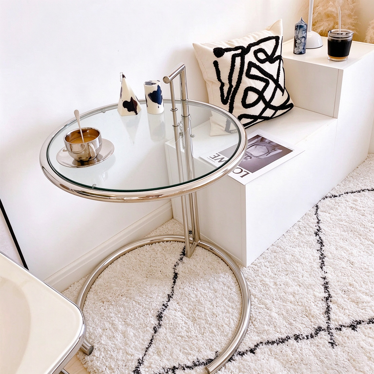 Modern C-Shaped Glass Side Table with Chrome Metal Frame
