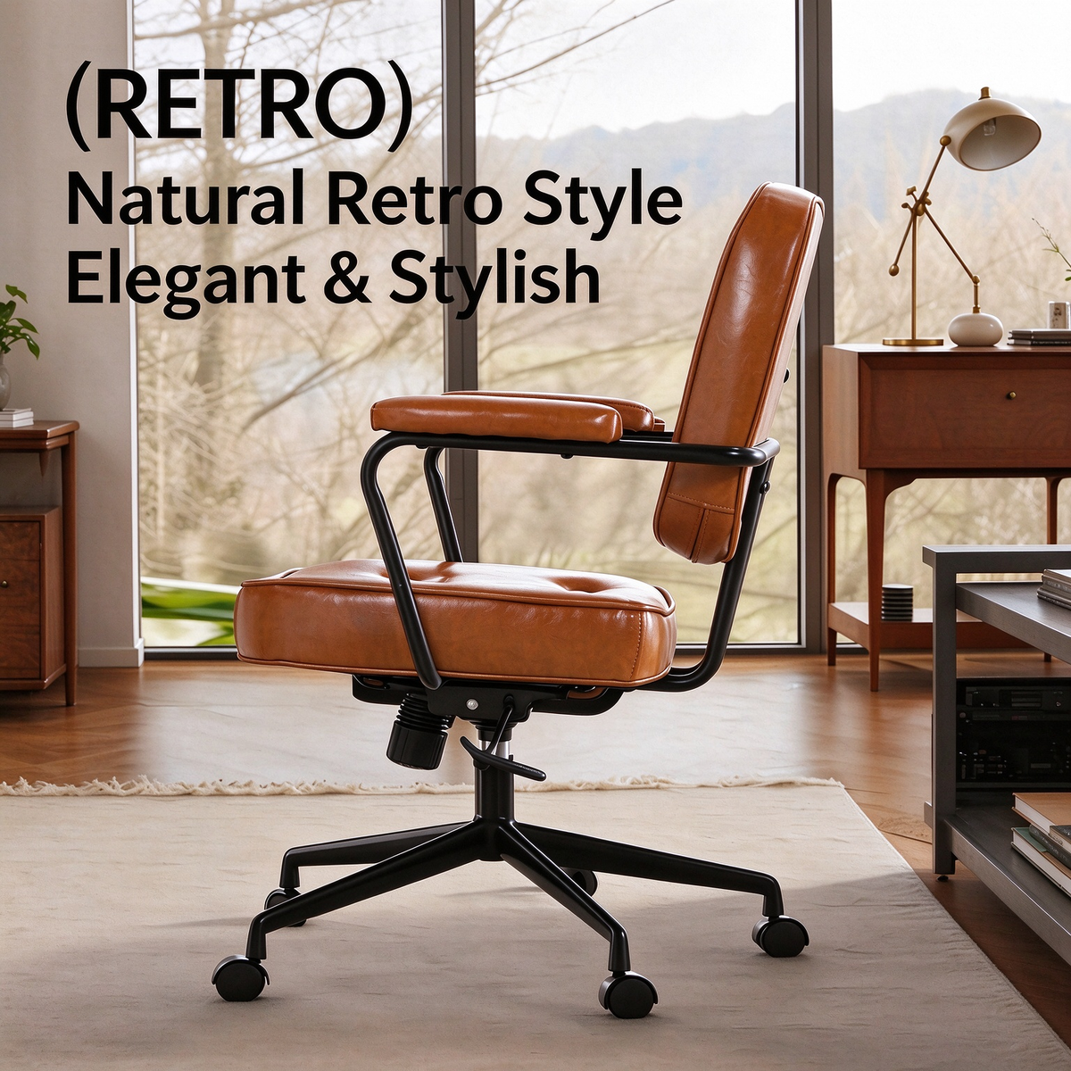 Vintage Leather Executive Office Chair with Arms, Adjustable Height & Swivel Casters