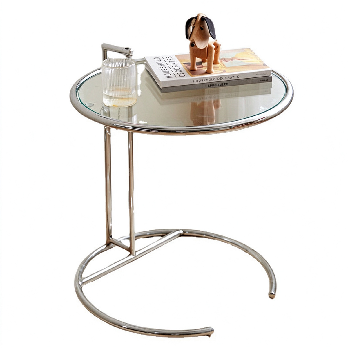 Modern C-Shaped Glass Side Table with Chrome Metal Frame