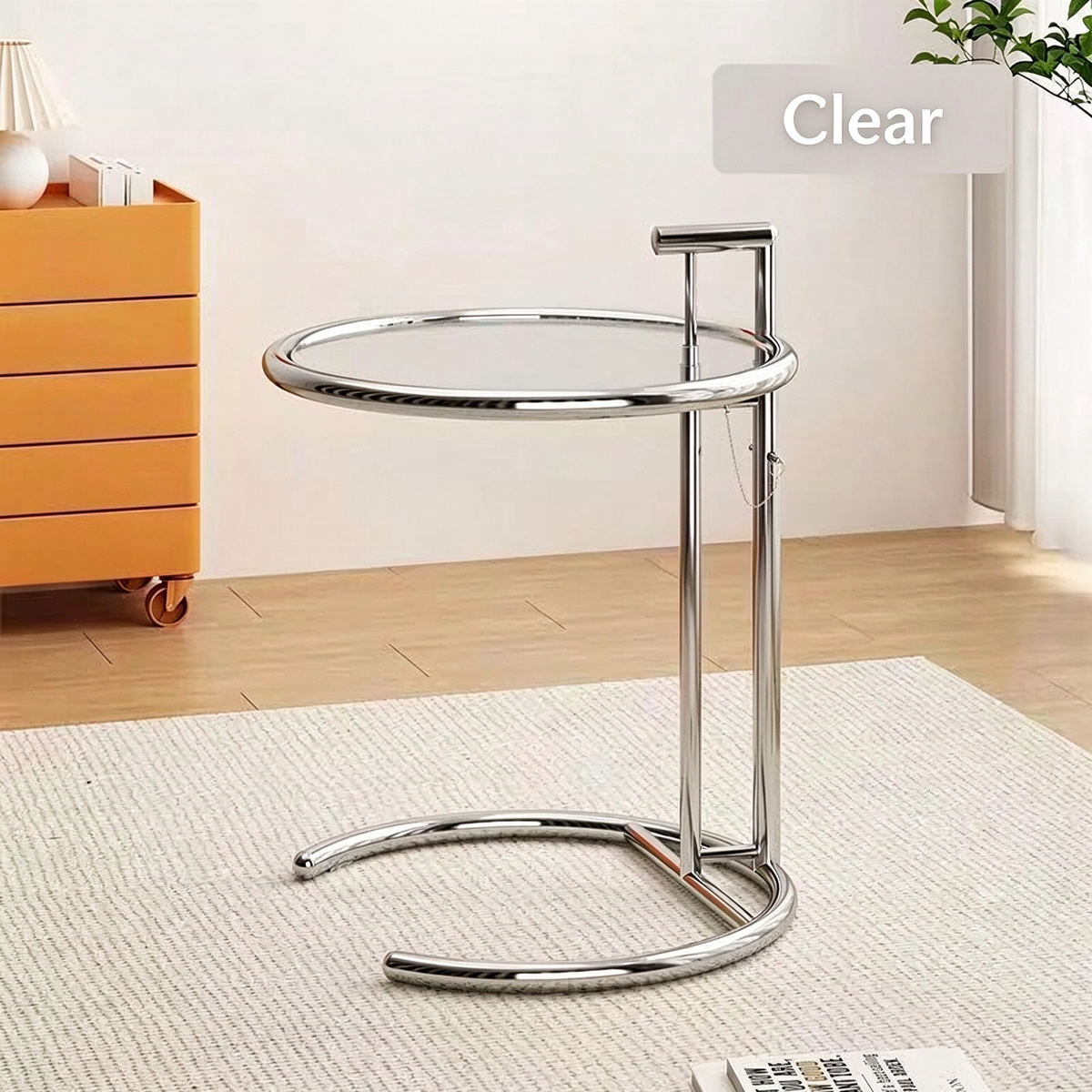 Modern C-Shaped Glass Side Table with Chrome Metal Frame