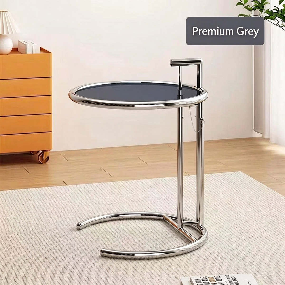 Modern C-Shaped Glass Side Table with Chrome Metal Frame