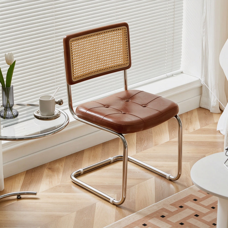 Mid-Century Cane Back Dining Chair with Tufted Seat & Chrome Frame