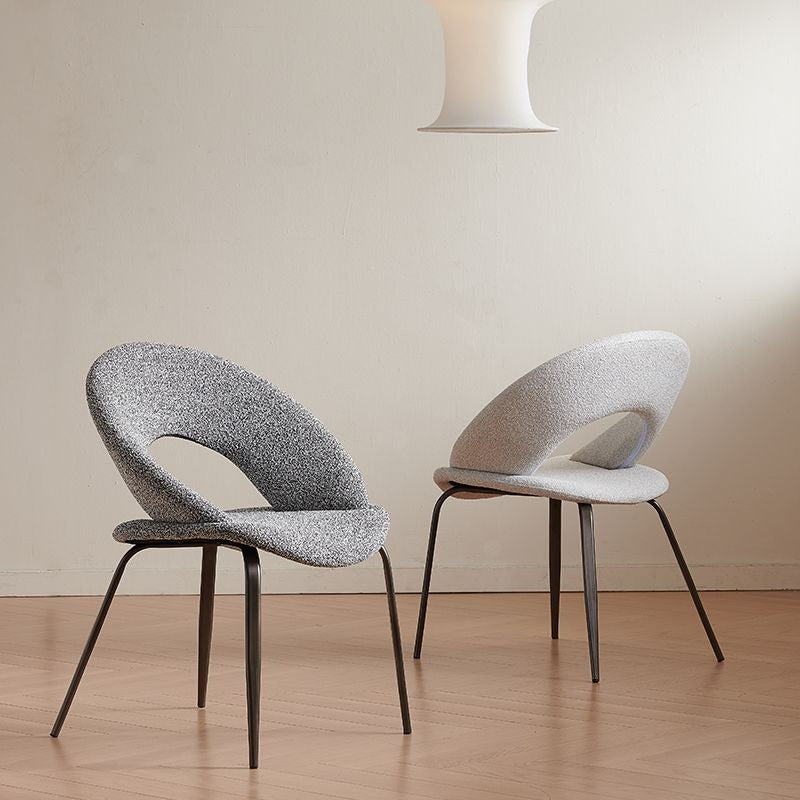 Modern Sculptural Bouclé Dining Chair with Curved Open Back & Metal Legs