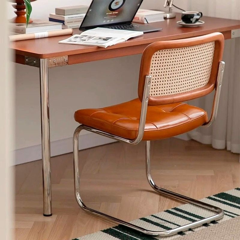 Mid-Century Cane Back Dining Chair with Tufted Seat & Chrome Frame