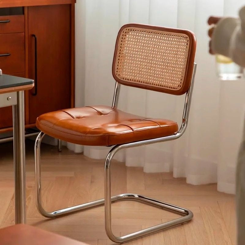 Mid-Century Cane Back Dining Chair with Tufted Seat & Chrome Frame