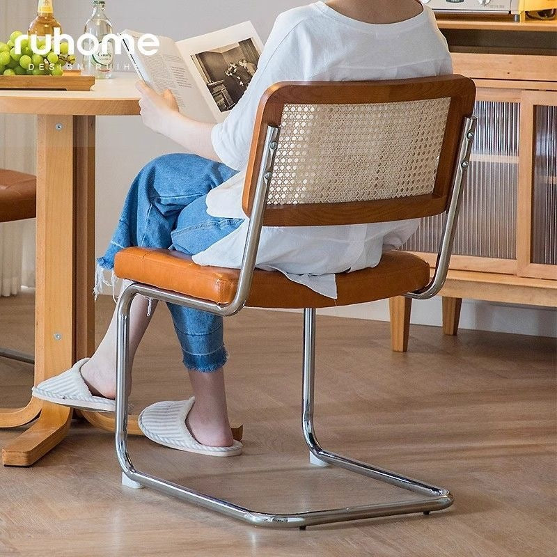 Mid-Century Cane Back Dining Chair with Tufted Seat & Chrome Frame