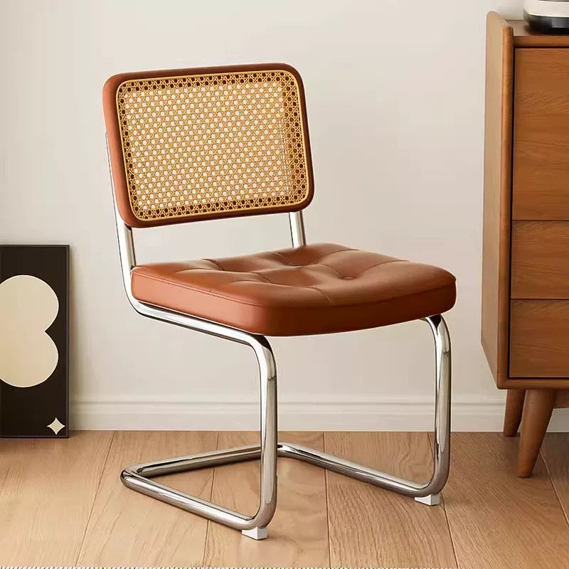 Mid-Century Cane Back Dining Chair with Tufted Seat & Chrome Frame