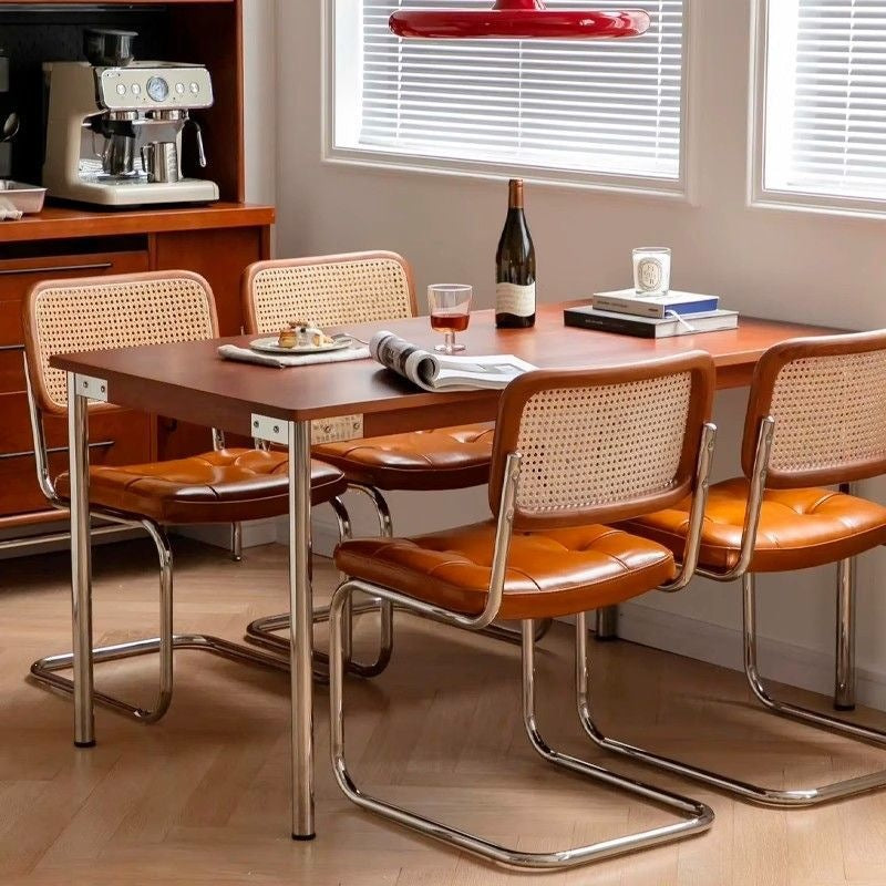 Mid-Century Cane Back Dining Chair with Tufted Seat & Chrome Frame