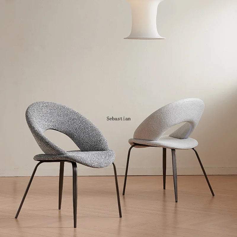 Modern Sculptural Bouclé Dining Chair with Curved Open Back & Metal Legs