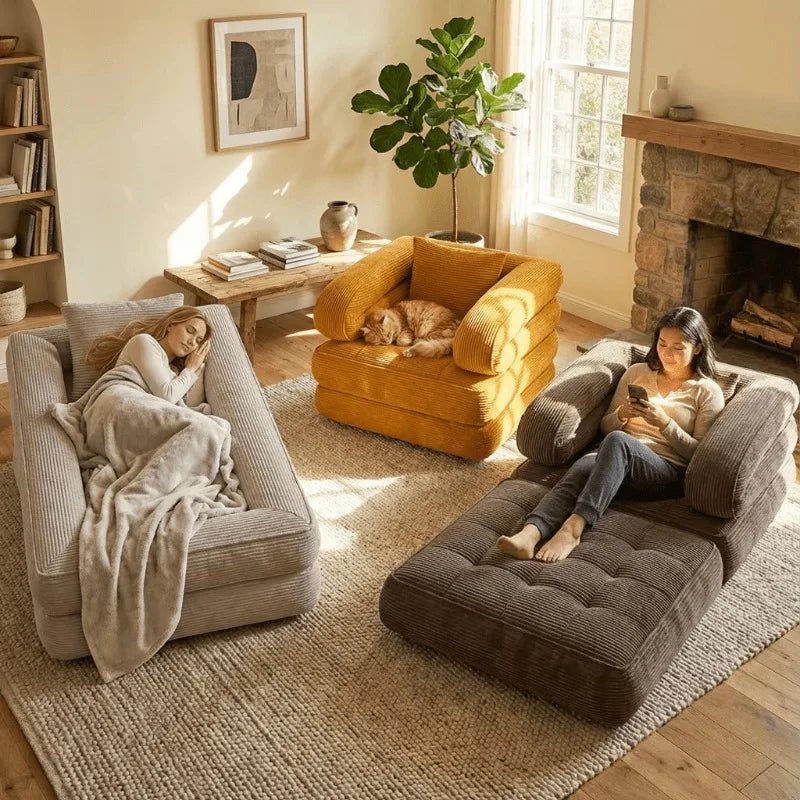 Convertible Corduroy Sleeper Chair – Foldable Floor Sofa Bed for Small Spaces