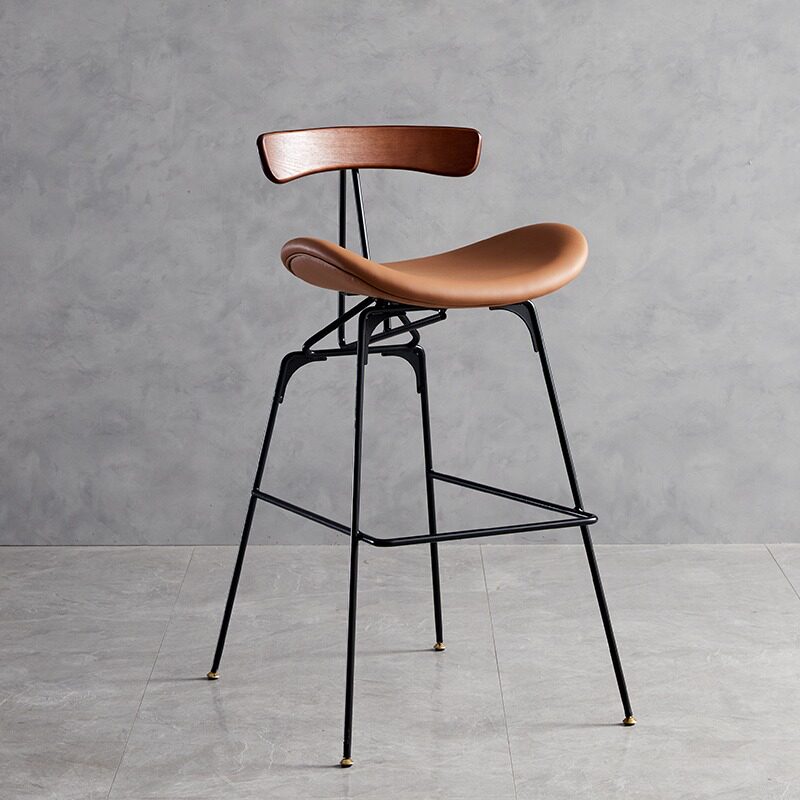 Modern Upholstered Bar Stool with Curved Seat, Backrest and Metal Footrest
