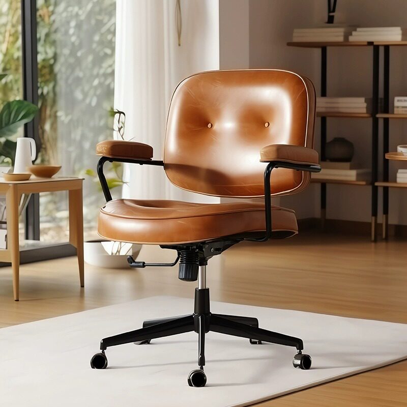 Vintage Leather Executive Office Chair with Arms, Adjustable Height & Swivel Casters