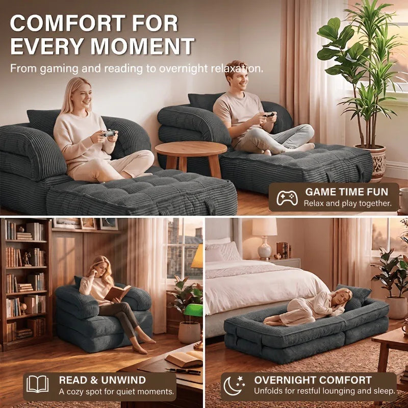 Convertible Corduroy Sleeper Chair – Foldable Floor Sofa Bed for Small Spaces
