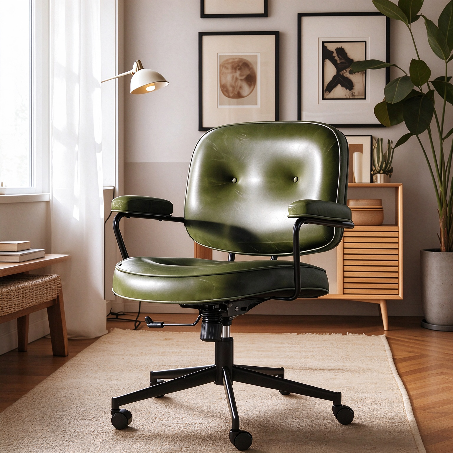 Vintage Leather Executive Office Chair with Arms, Adjustable Height & Swivel Casters