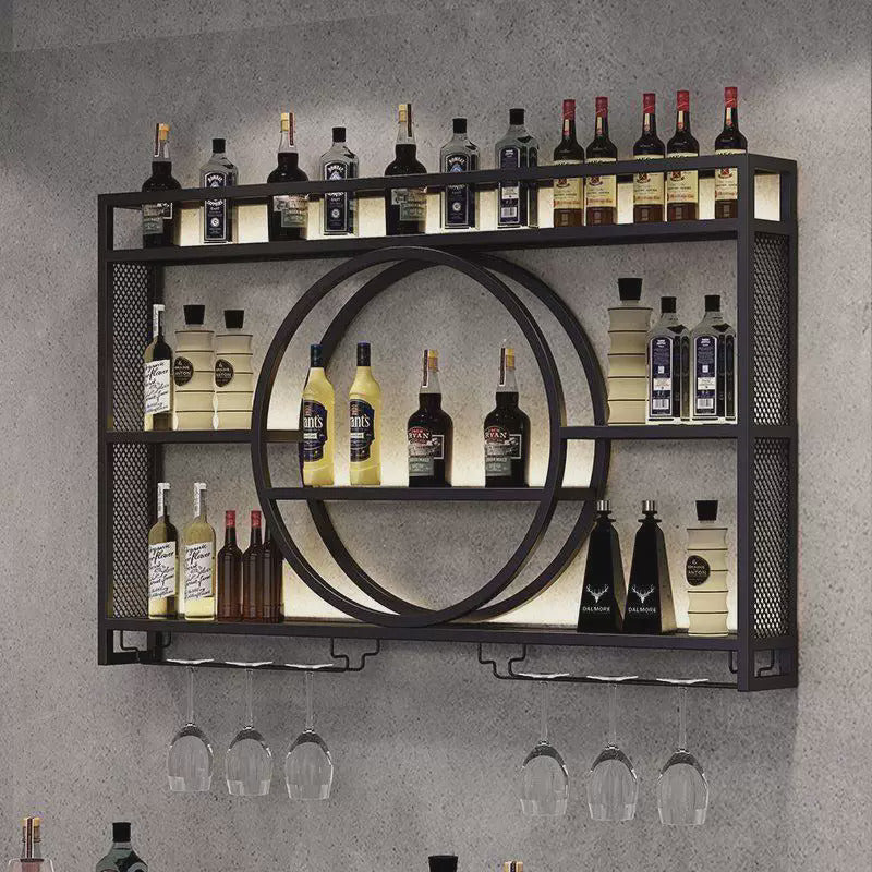 Wall-Mounted Metal Wine Rack with Glass Holders and Storage Shelves