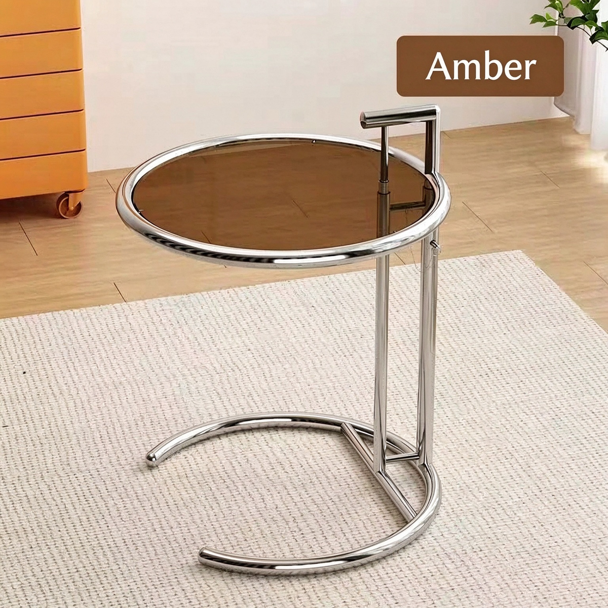 Modern C-Shaped Glass Side Table with Chrome Metal Frame