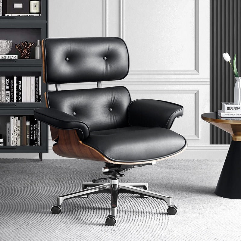 Modern Walnut Swivel Lounge Chair with Ottoman – Black Upholstered Recliner