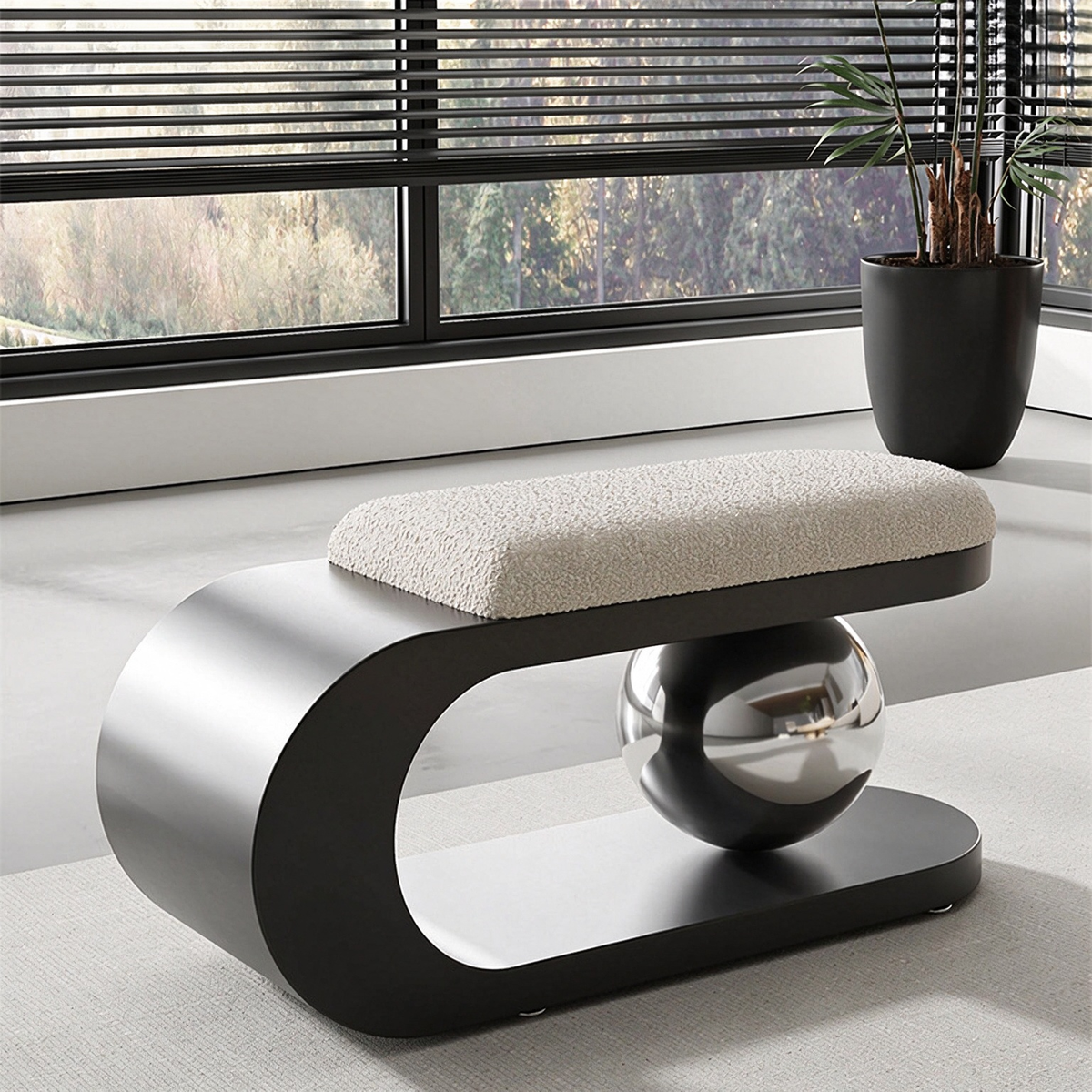 Modern Sculptural Upholstered Bench with Curved Frame